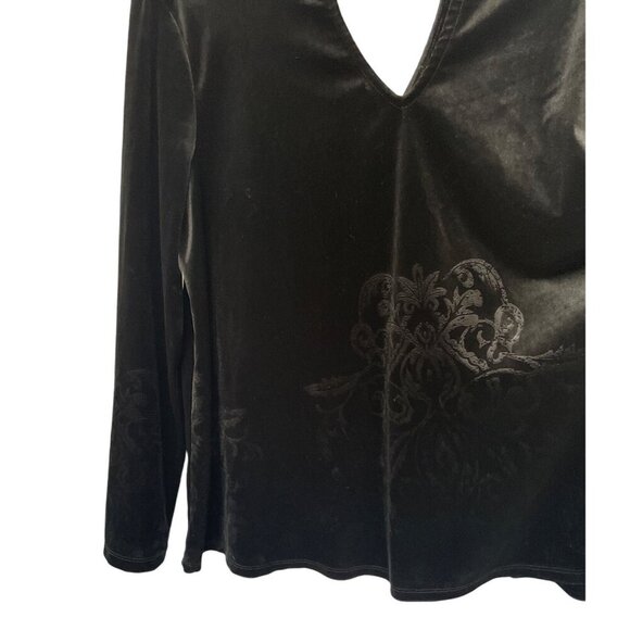 Fever Black Velvet Long Sleeve V-Neck Top Keyhole Back Subtle Scroll Pattern L - Picture 2 of 7